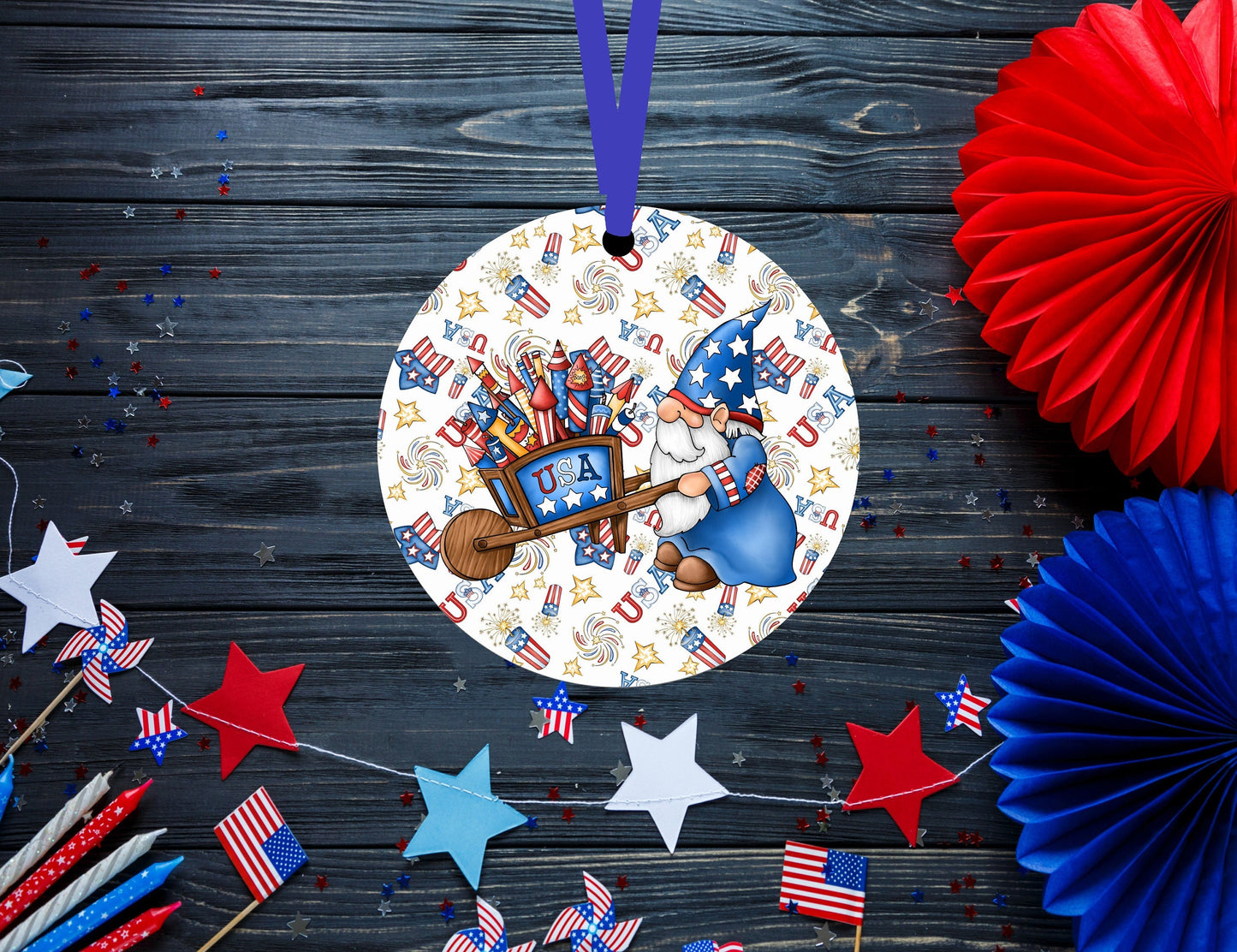 Patriotic Ornament - Patriotic Gnome - Uncle Sam Gnome - 4th of July Ornament - Double Sided Ornament - Metal Ornament - ORN132