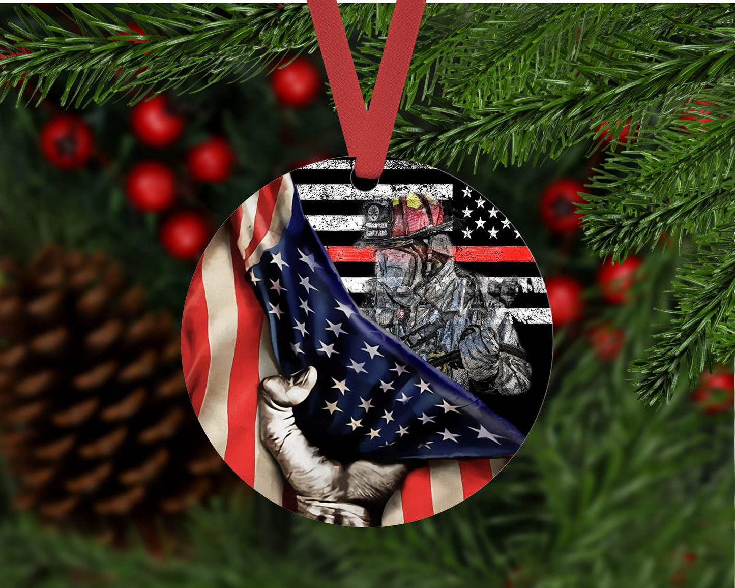 Christmas Ornament - Firefighter Ornament - Firefighter Gifts - Firefighter Shield - Double Sided Ornament - Metal Ornament - ORN110