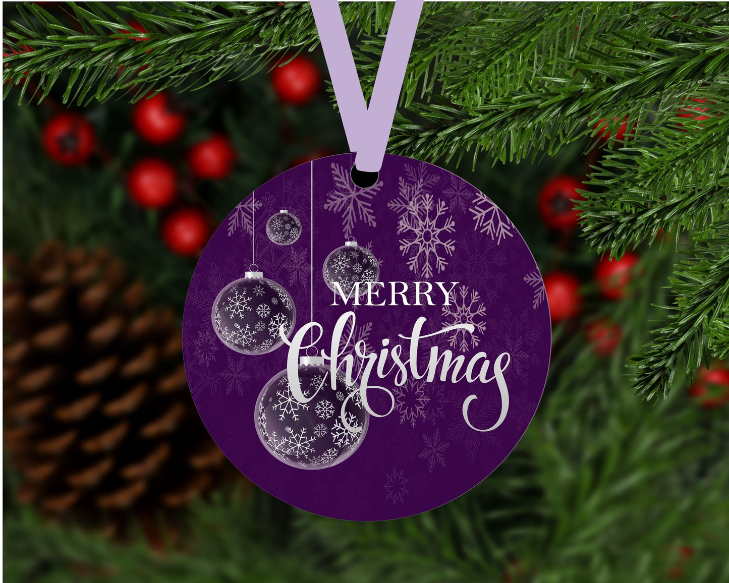 Purple Merry Christmas Snowflake Ornament - Double Sided Ornament - Metal Ornament - ORN141