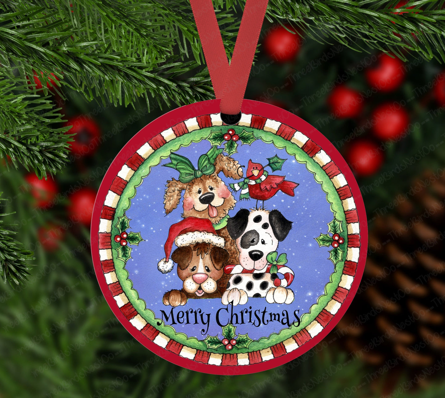 Merry Christmas Dogs Trio Double Sided Ornament - Metal Ornament - ORN152