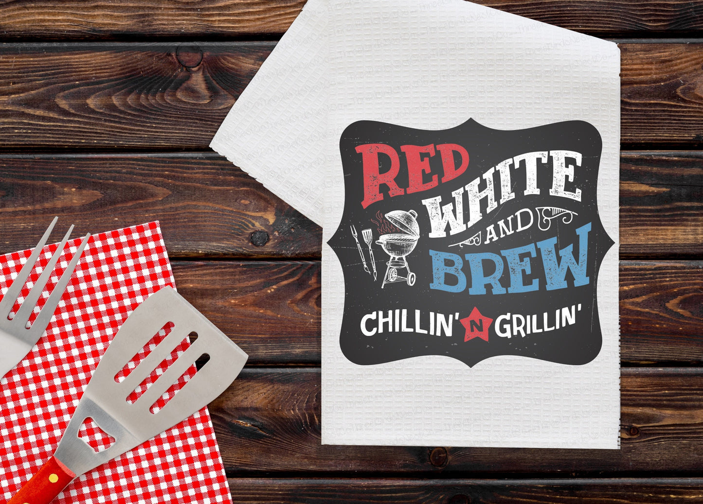 Red White and Brew Grilling BBQ Kitchen Waffle Weave Dish Towel | Kitchen Gift | Housewarming Gift | Wedding Gift - www.ThreeBirdsNestCo.com
