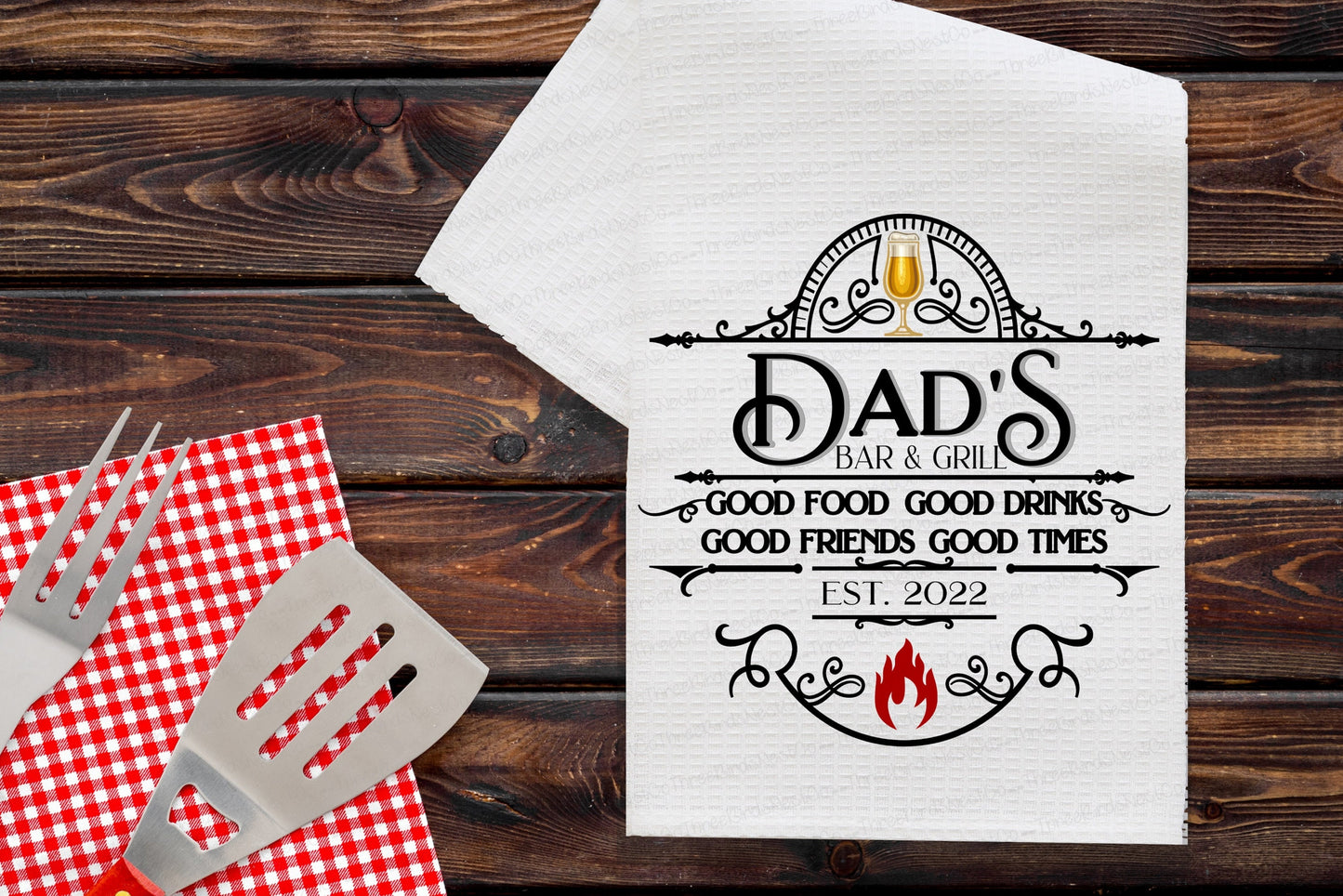 Custom Bar and Grill Waffle Weave Dish Towel | Kitchen Gift | Housewarming Gift | Wedding Gift - www.ThreeBirdsNestCo.com