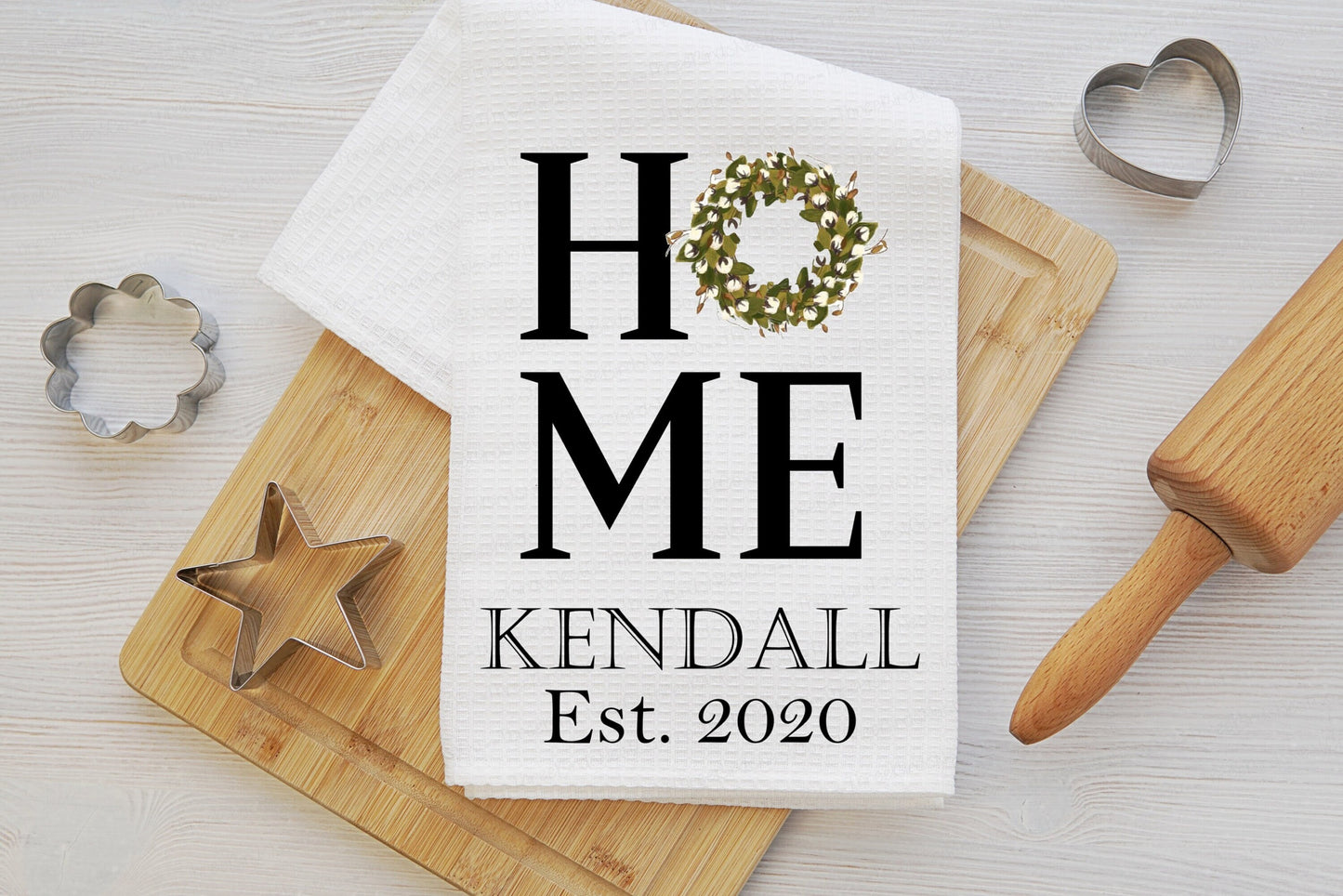 Custom Cotton Wreath Waffle Weave Kitchen Dish Towel - Farmhouse Decor - Kitchen Gift - Housewarming Gift - www.ThreeBirdsNestCo.com