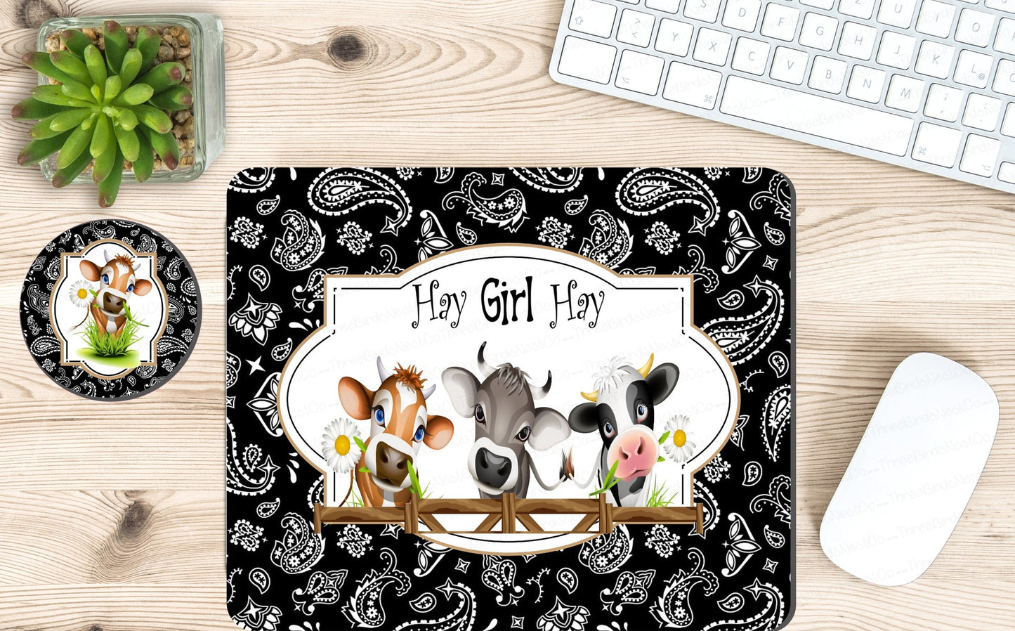 Hay Girl Hay Cows Mouse Pad and Coaster Office Desk Set - Heavy Weight - www.ThreeBirdsNestCo.com