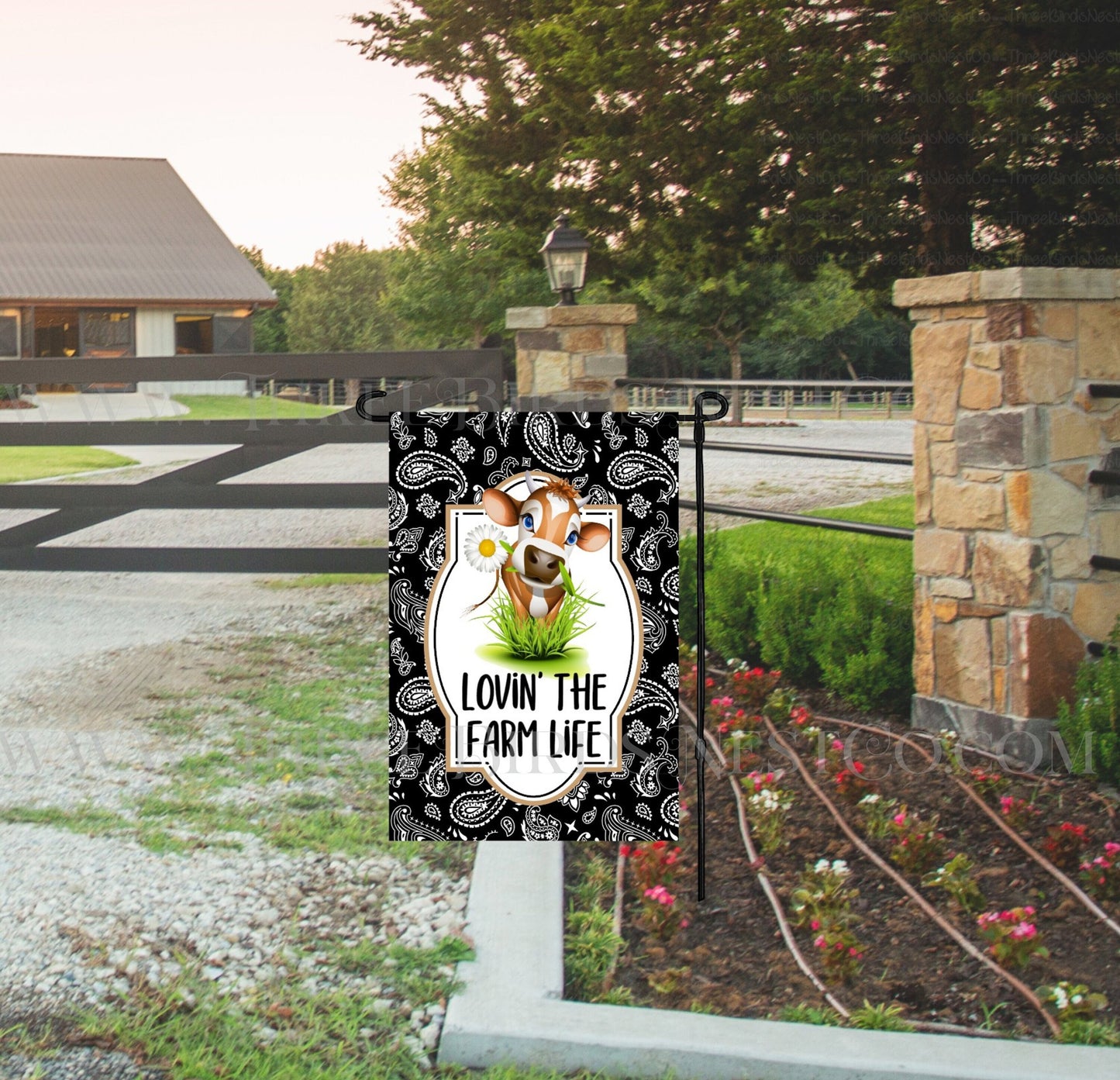 Lovin the Farm Life Daisy Cow Farmhouse Double - Sided Garden Flag - www.Threebirdsnestco.com