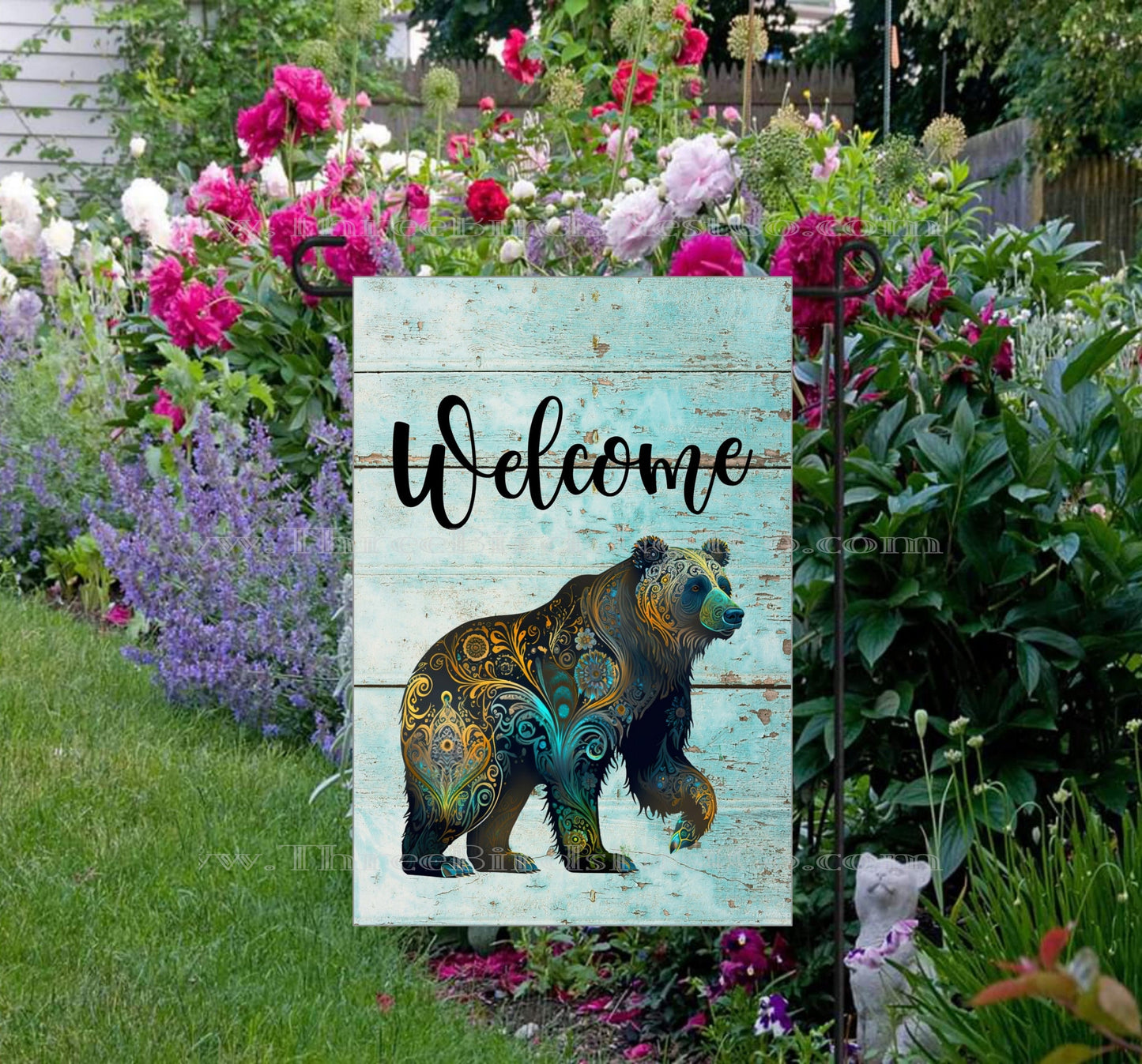 Woodland Zentangle Bear Welcome Double-Sided Garden Flag