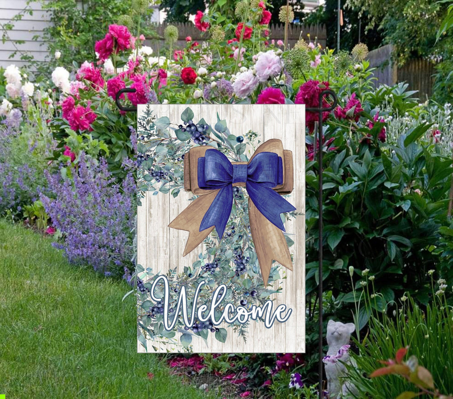 Rustic Blueberry Wreath Farmhouse Welcome Double Sided Garden Flag