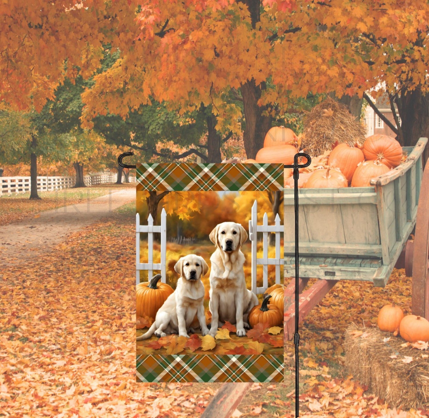 A Fall flag with Pumpkin and Yellow Labrador Retrievers