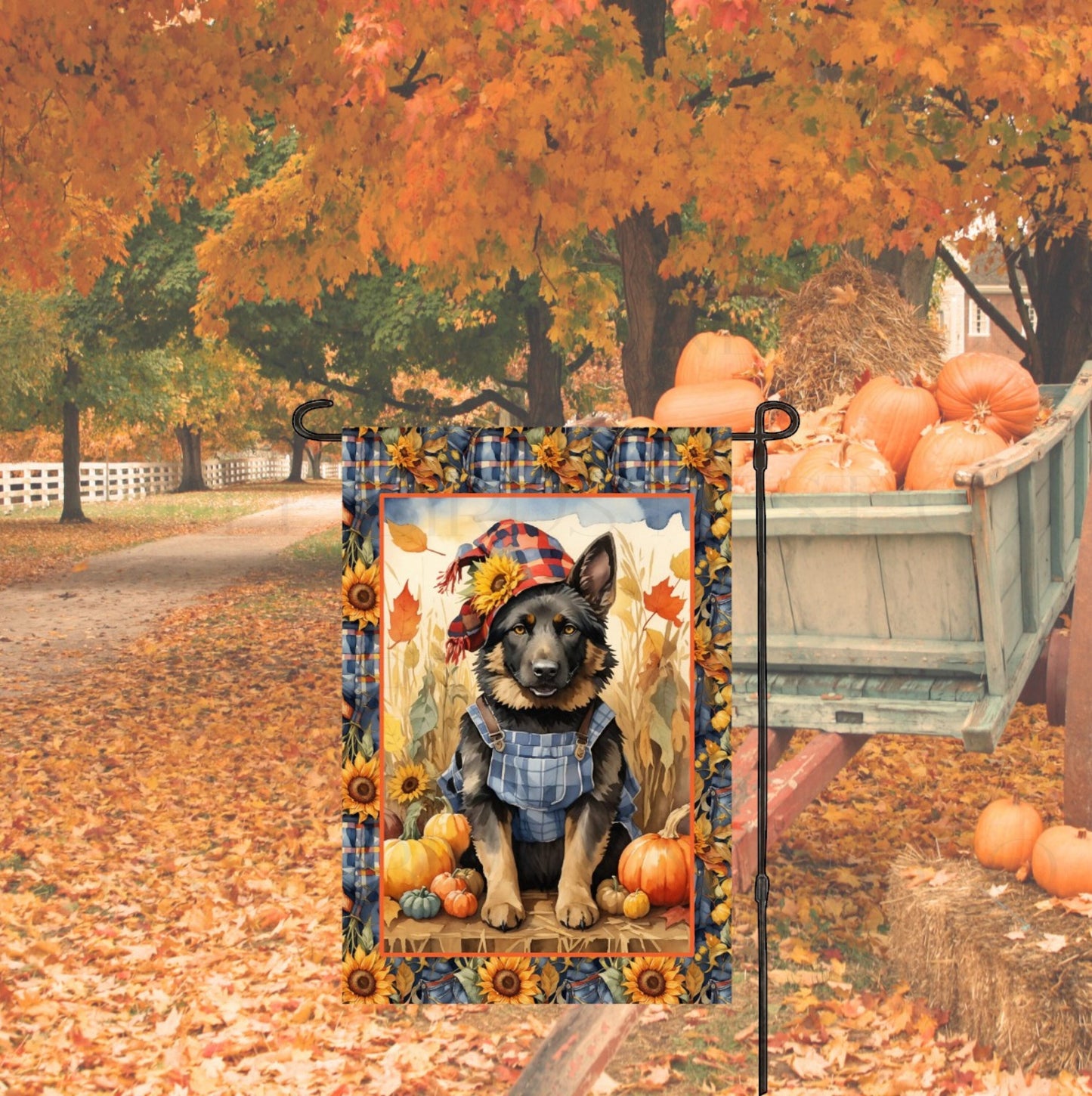 Fall Scarecrow German Shepherd Dog Double Sided Garden Flag