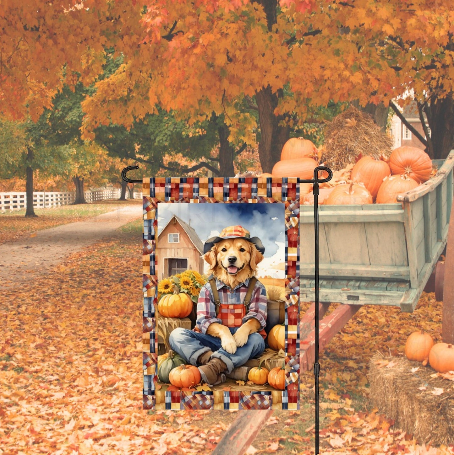 Fall Scarecrow Golden Retriever Dog Double Sided Garden Flag