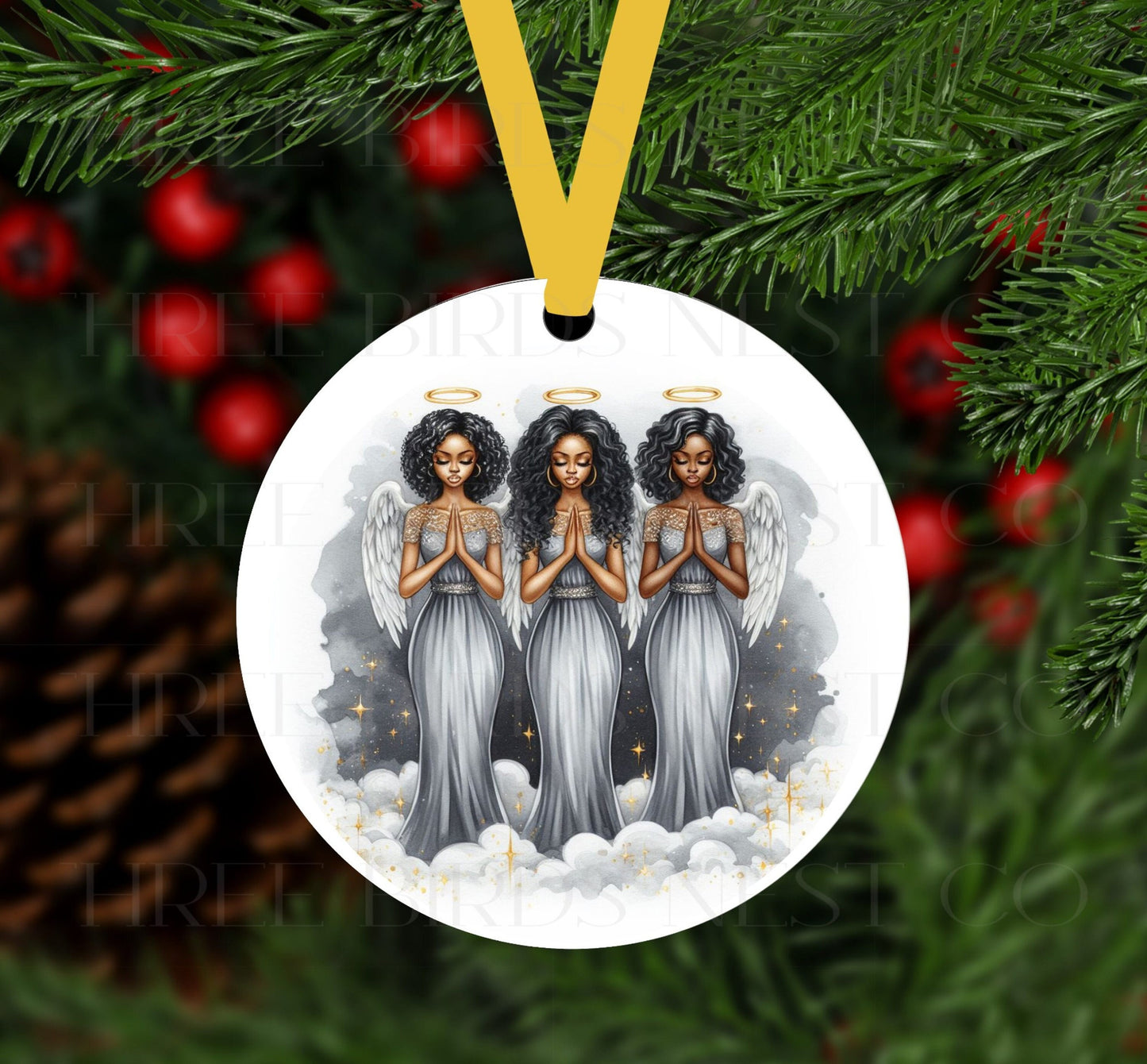 Three beautiful African American Angels with their hands together in prayer.