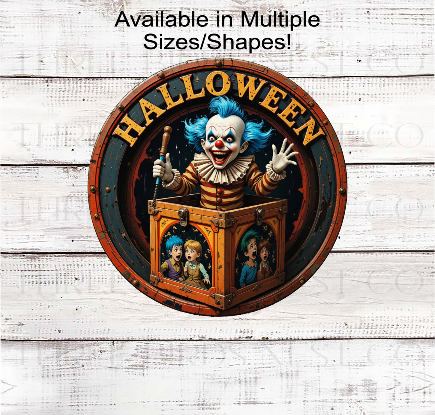 Halloween Wreath Sign, Evil Clown, Jack in the Box Toy- H2175