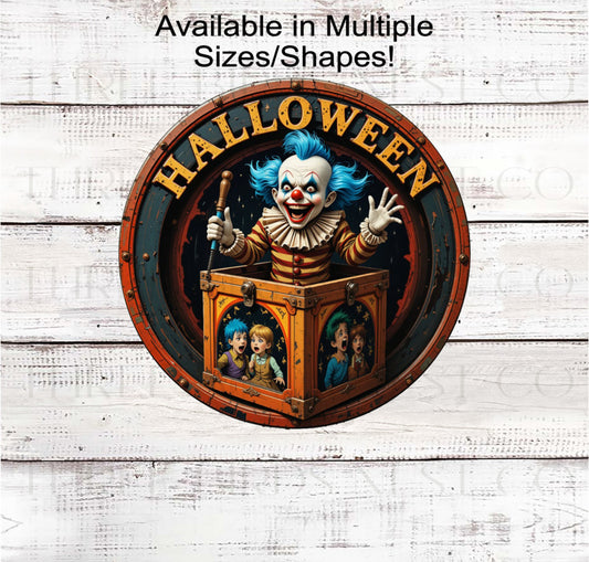 Halloween Wreath Sign, Evil Clown, Jack in the Box Toy- H2175