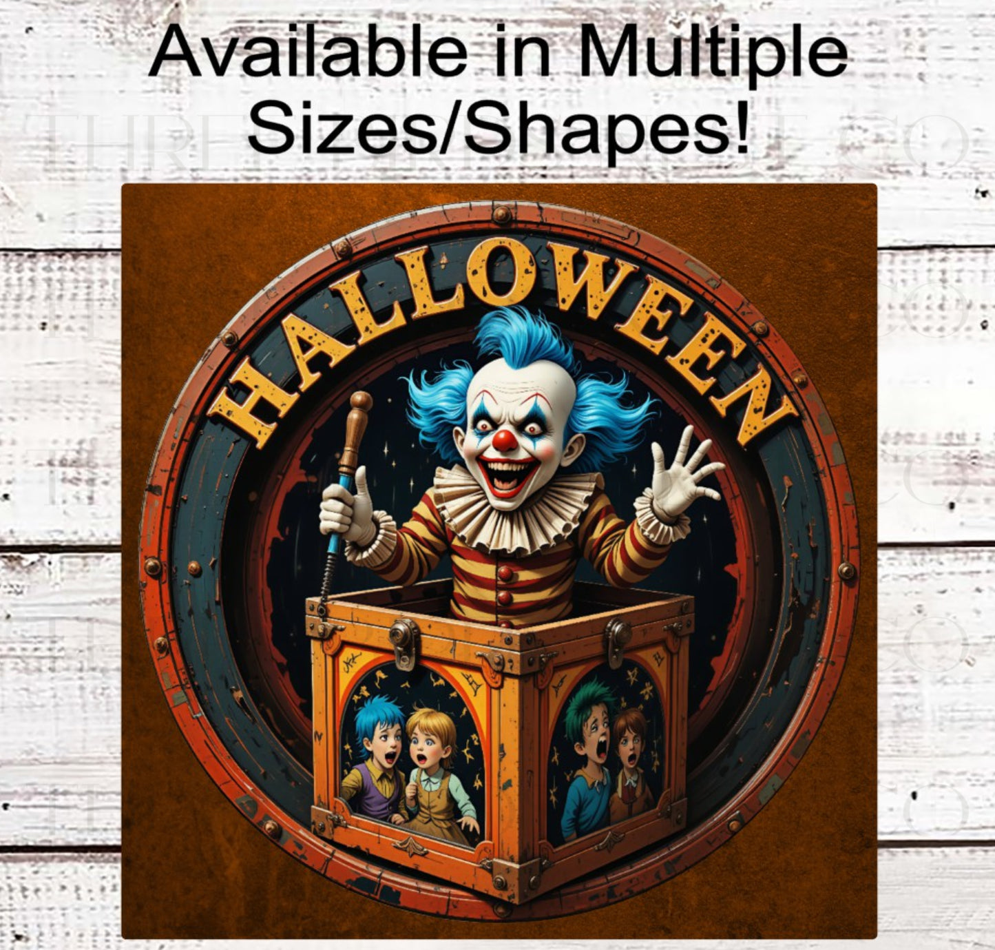 Halloween Wreath Sign, Evil Clown, Jack in the Box Toy- H2175