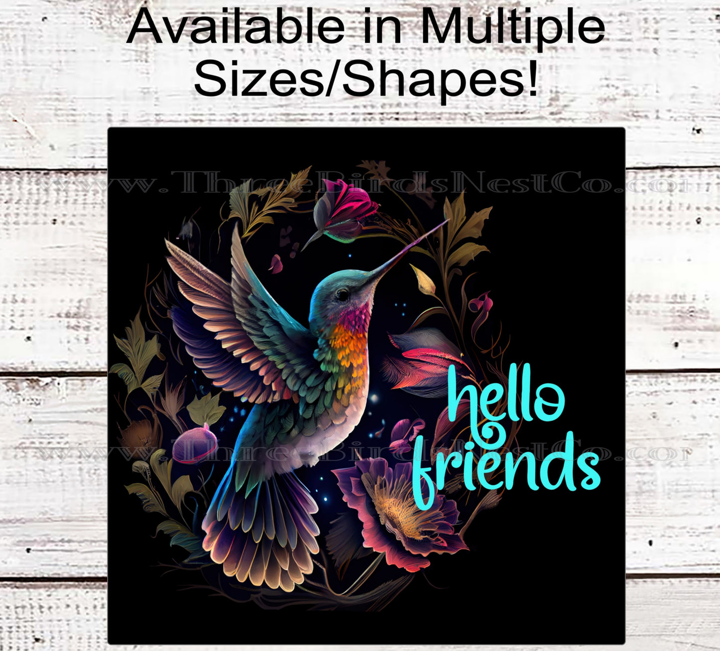 Floral Hummingbird Hello Friends Welcome Wreath Sign
