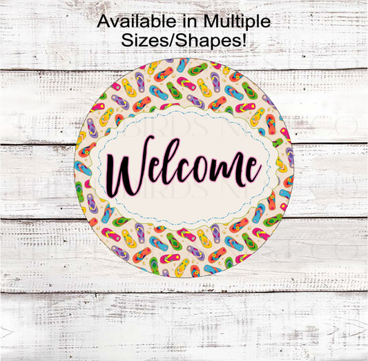 Bright Flip Flops on Sand Welcome Wreath Sign- B2176