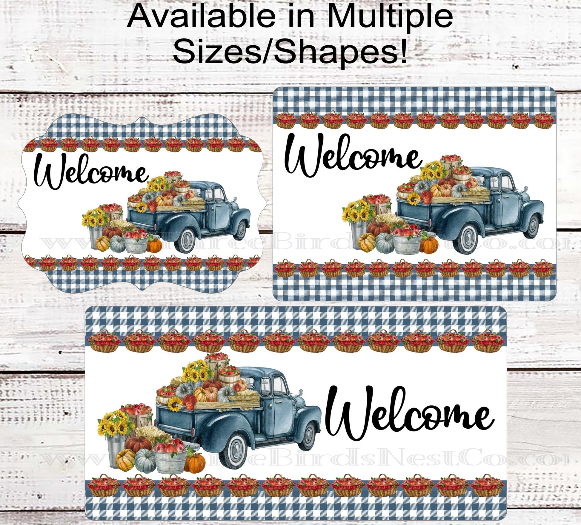 Blue Fall Pumpkin Truck Welcome Wreath Sign - Apples Basket - Sunflowers Sign