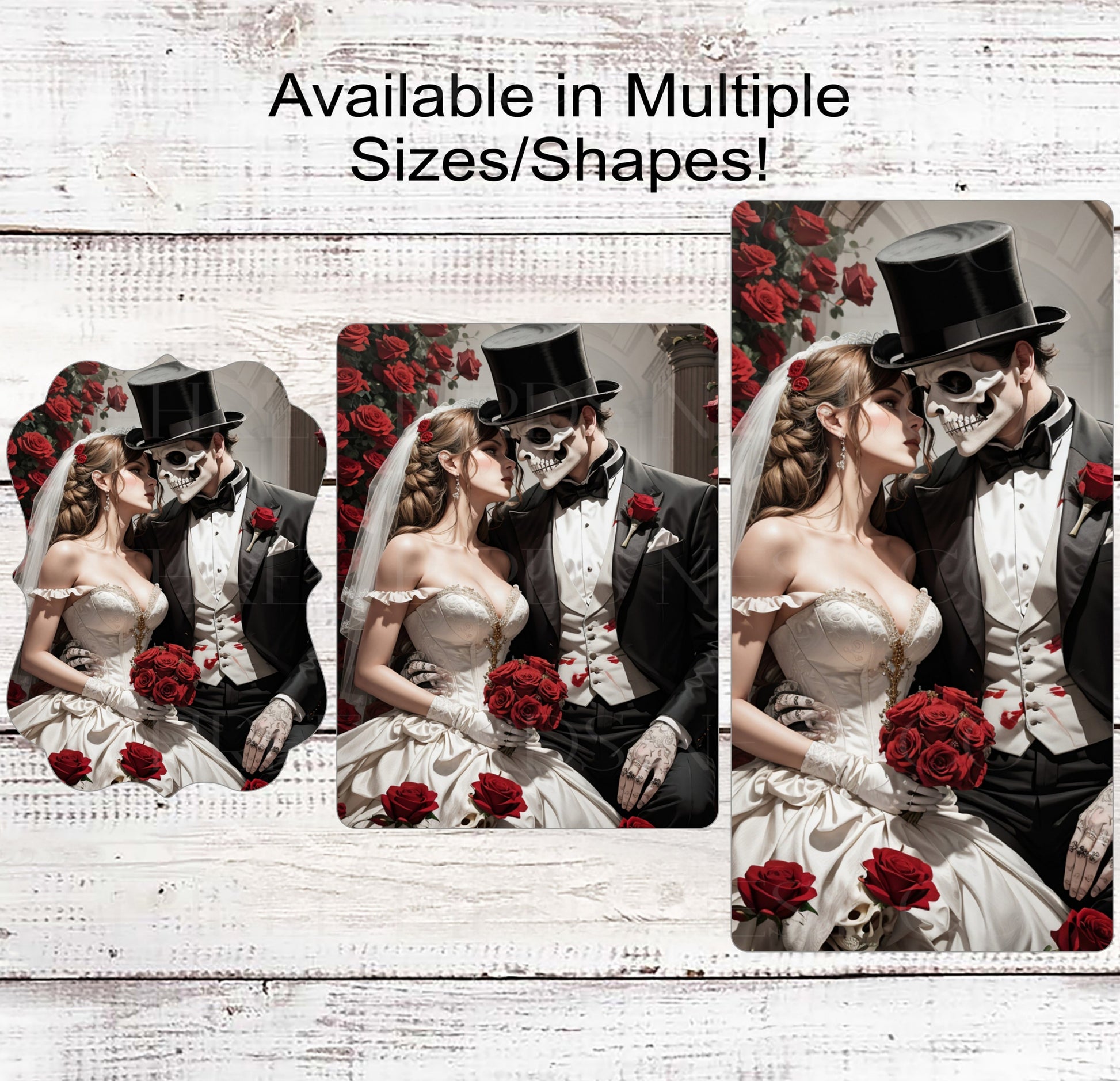 Halloween Wedding Wreath Sign - Skeleton Bride and Groom - Red Roses