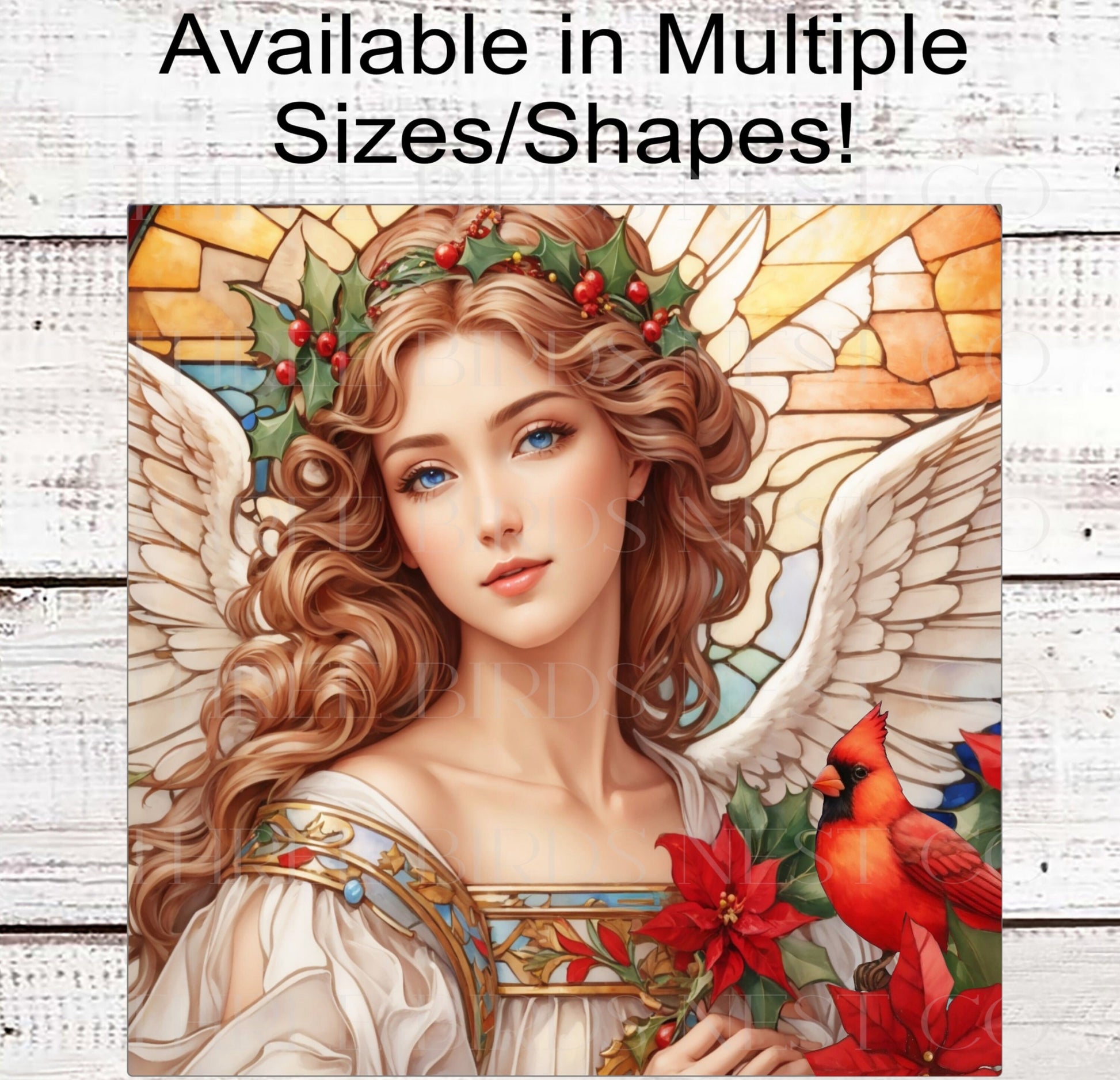 Christmas Angel Wreath Sign - Cardinal Wreath Sign - Stained Glass Angel - Poinsettias Sign