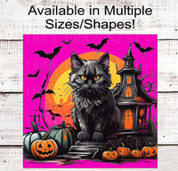 
              Black Cat Halloween Wreath Sign - Haunted House - Halloween Bats - Jack-O-Lanterns Sign
            