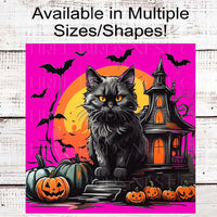 Black Cat Halloween Wreath Sign - Haunted House - Halloween Bats - Jack-O-Lanterns Sign
