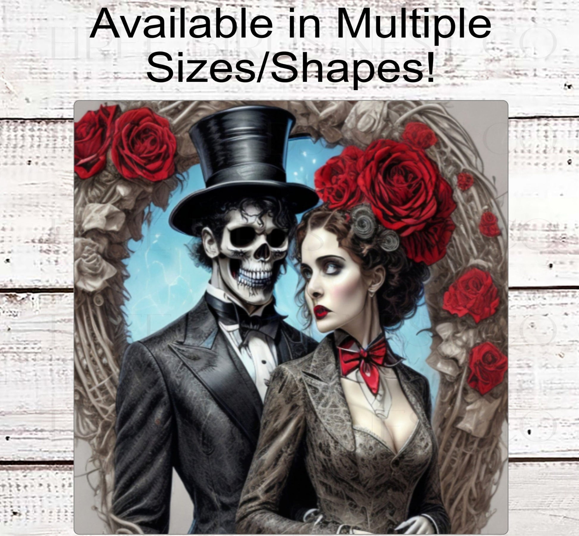 Halloween Wreath Sign - Skeleton Bride and Groom - Red Roses - Macabre Wedding