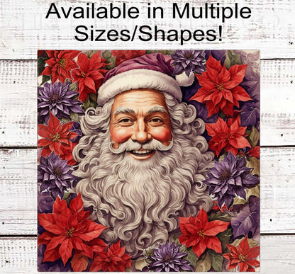 Santa Claus Christmas Wreath Signs - Poinsettia Sign - Winter Welcome - Floral Wreath Sign