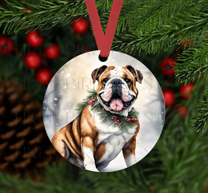 An ornament with a English Bulldog in a Winter setting