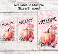 
              Pink Pumpkin and Spider Web Welcome Wreath Sign - Pink in October - Breast Cancer Awareness
            