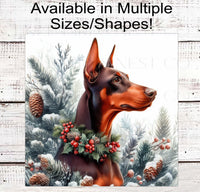 
              Christmas Dog Wreath Sign - Red Doberman Pinscher Dog - Winter Welcome
            