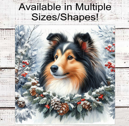 Christmas Dog Wreath Sign - Shetland Sheepdog - Winter Welcome