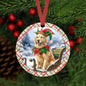 An ornament with Golden Retriever dressed as a Christmas Elf.