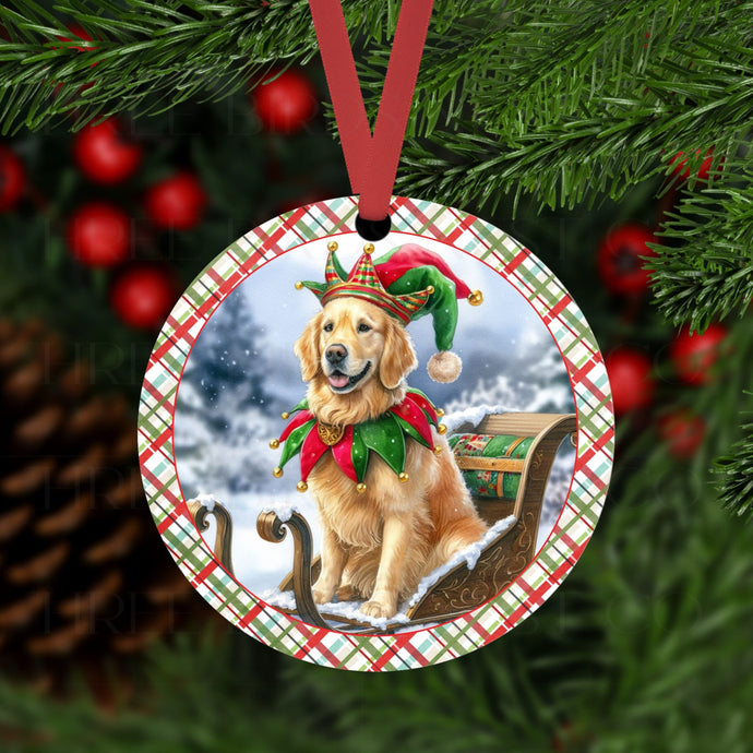 An ornament with Golden Retriever dressed as a Christmas Elf.