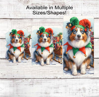 
              Christmas Dog Wreath Sign - Australian Shepherd Dog - Christmas Elf- Winter Welcome
            