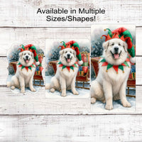 Christmas Dog Wreath Sign -Great Pyrenees Dog - Christmas Elf- Winter Welcome