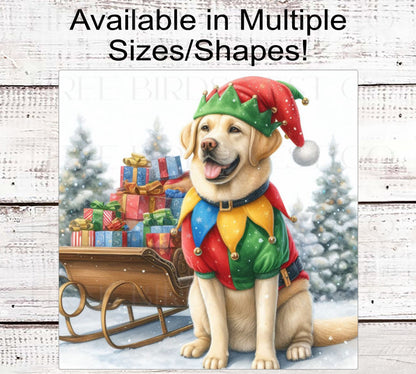 Christmas Dog Wreath Sign - Yellow Labrador Retriever Dog - Christmas Elf- Winter Welcome