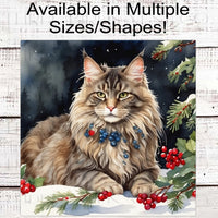 
              Maine Coon Winter Cat Wreath Sign - Christmas Cat - Holly Sign
            