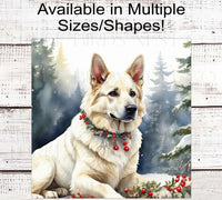 
              Christmas Dog Wreath Sign - White German Shepherd - Winter Welcome
            