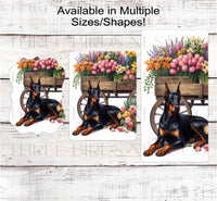 
              Spring Dog Wreath Sign - Black Doberman Pinscher Dog - Floral Wreath Sign
            