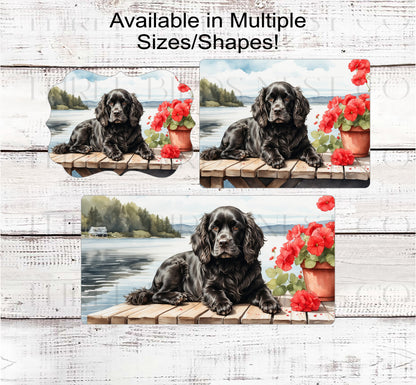 Dog Wreath Sign - Black Cocker Spaniel Dog - Lake House - Floral Wreath Sign