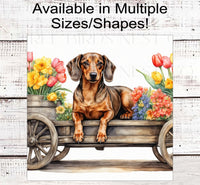 
              Dog Wreath Sign - Red Dachshund Dog - Spring Flowers - Floral Wreath Sign
            