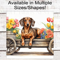 Dog Wreath Sign - Red Dachshund Dog - Spring Flowers - Floral Wreath Sign