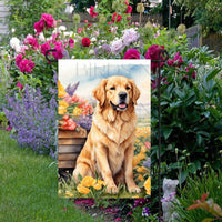 A beautiful Golden Retriever dog surrounded by gorgeous flowers.