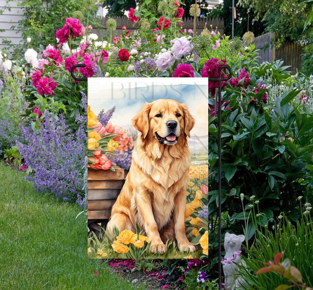 A beautiful Golden Retriever dog surrounded by gorgeous flowers.