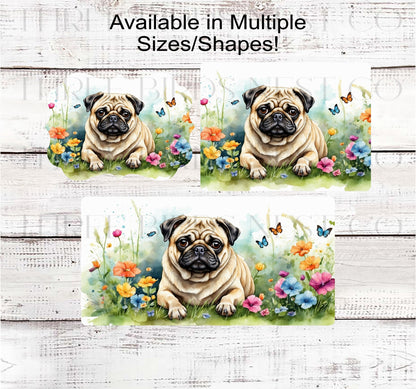 Spring Dog Wreath Sign - Pug Dog - Floral Wreath Sign - Butterflies Welcome Sign