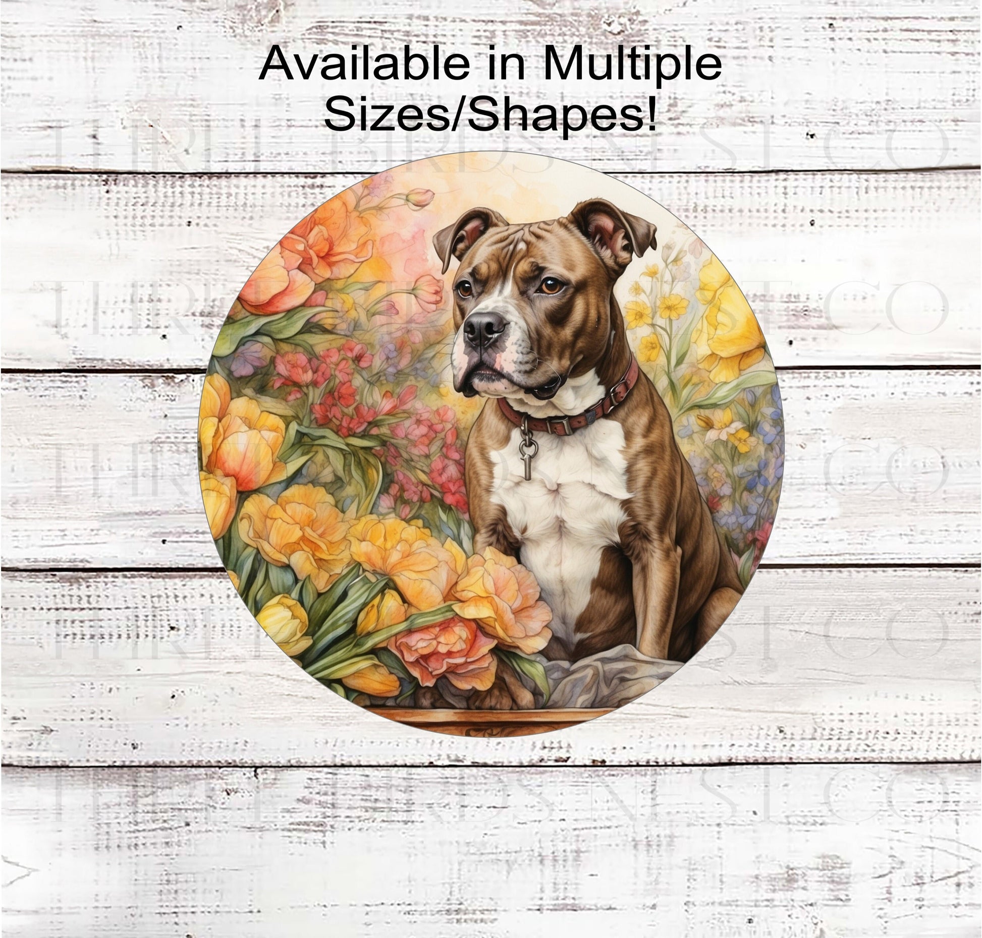A Pit Bull dog surrounded by beautiful Spring flowers