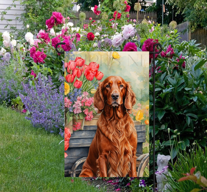 A beautiful Irish Setter dog surrounded by gorgeous flowers.