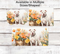 
              Dog Wreath Sign - White Staffordshire Terrier Dog - Pit Bull Lover - Spring Flowers - Floral Wreath Sign
            