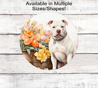 
              A white Pit Bull Dog on a flower cart full of Spring Flower
            