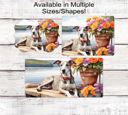 Dog Wreath Sign - Greyhound Dog - Lake House - Floral Wreath Sign